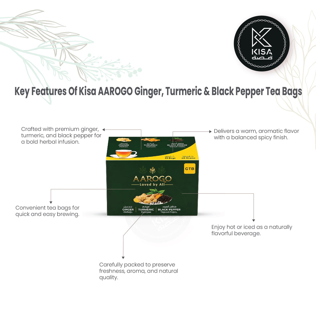 AAROGO GINGER , TURMERIC & BLACK PEPPER TEA BAGS ( 20 PCS)