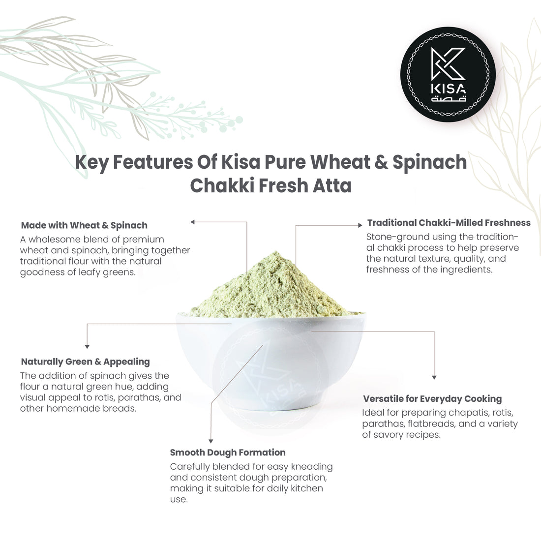 KISA WHEAT & SPINACH (PALAK) CHAKKI FRESH ATTA / WHOLE WHEAT POWDER WITH SPINACH